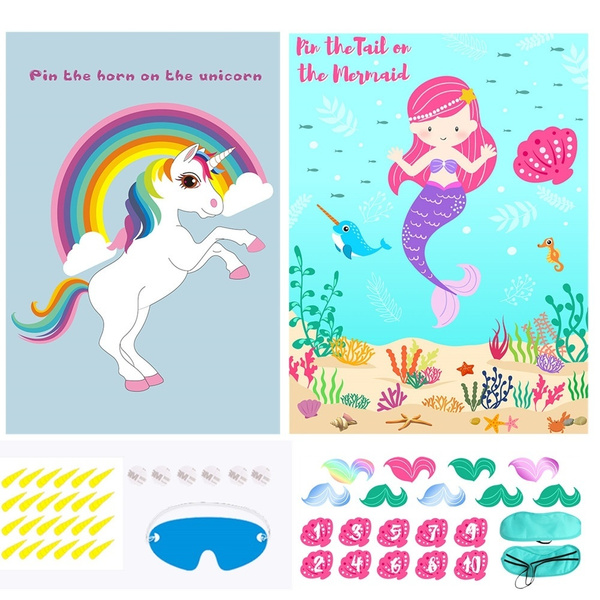 warmparty pin the horn on the unicorn pin the tail on the mermaid poster sticker blindfold game mermaid unicorn party favors wish
