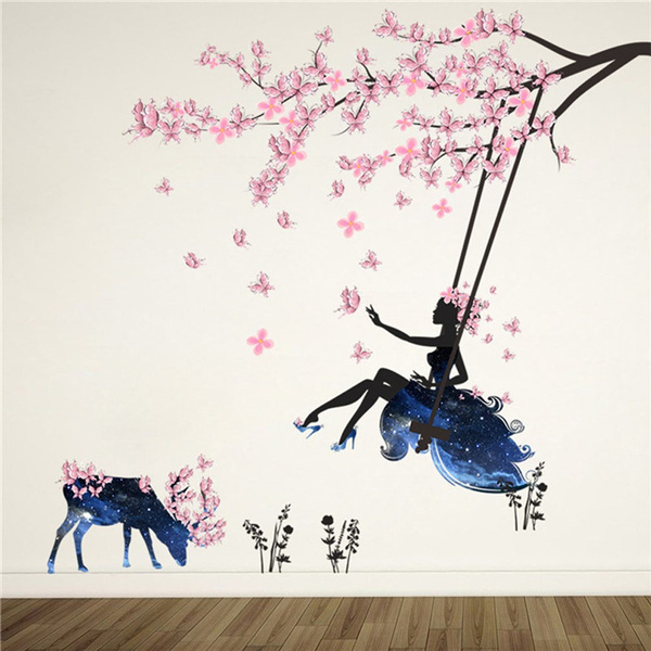Charming Flower Fairy Swing Wall Stickers for Kids Room Wall Decor Bedroom Livin