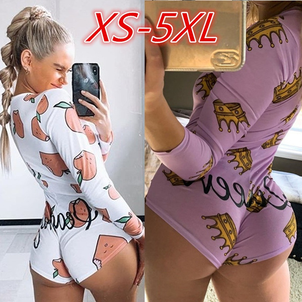 XS-5XL Plus Size Women Long Sleeve Deep V-Neck Bodysuit Bodycon Leotard  Print Slim Jumpsuit Shorts Pajamas