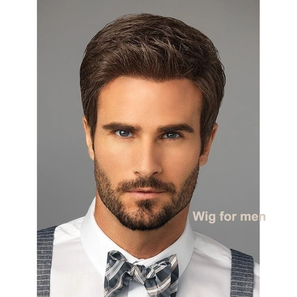 Wigs for Men Dark Brown Short Haircut Straight Synthetic Natural Hair Cosplay Wig Hair Idea for Men and Boys with Wig Cap