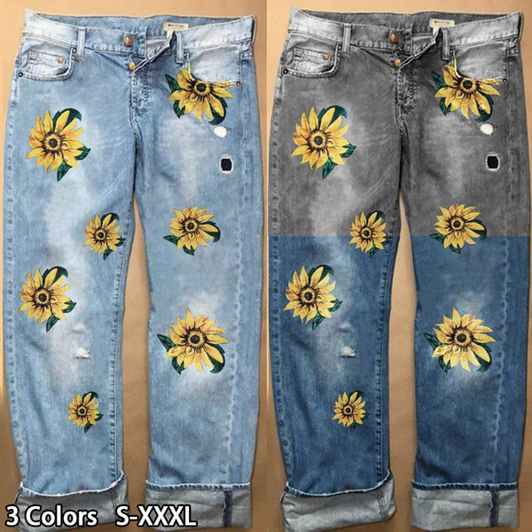 Fashion Women Jeans Printed Van Gogh Sunflower Style Jeans Denim Pants  Casual Straight Trousers