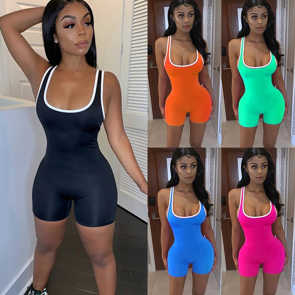  3pcs Womens Bodysuit Yoga Workout Romper One Piece Outfits  Ribbed Sleeveless Going Out Bodycon Jumpsuit Shorts