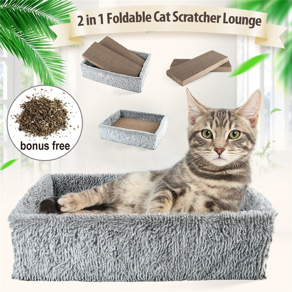 Catnip Included Cat Scratch Sofa Bed Lounger 2 in 1 Foldable Cat Scratcher Lounge with 2PCS Reversible Corrugated Cat Scratching Pads with Cat Scratcher Box 19” XL Wide Cat Scratcher Cardboard 