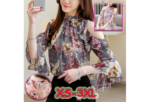 Ladies Top floral chiffon blouses for women tops ruffles stand Butterfly  sleeve blouses hollw