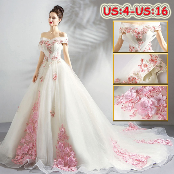 2020 New Shoulder Luxury Champagne Wedding Dress Princess 3D Flower Lace Up with Chapel Train Wedding Gown Robe De Mariee