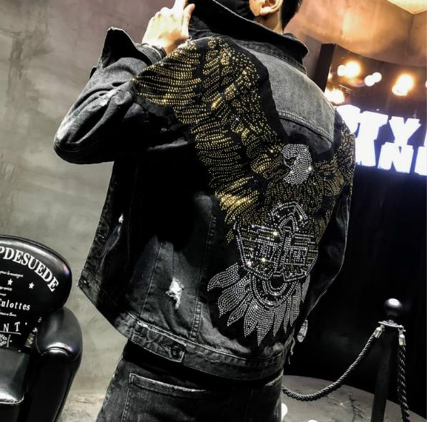 Punk Style Fashion Eagle Embroidered Patch Jean Jacket Men Denim