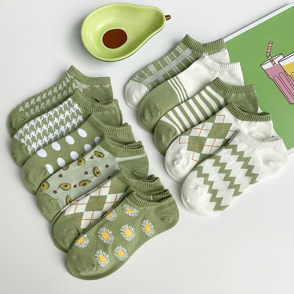 Women's Avocado Cotton Socks, Summer Thin Socks, Retro Green Striped