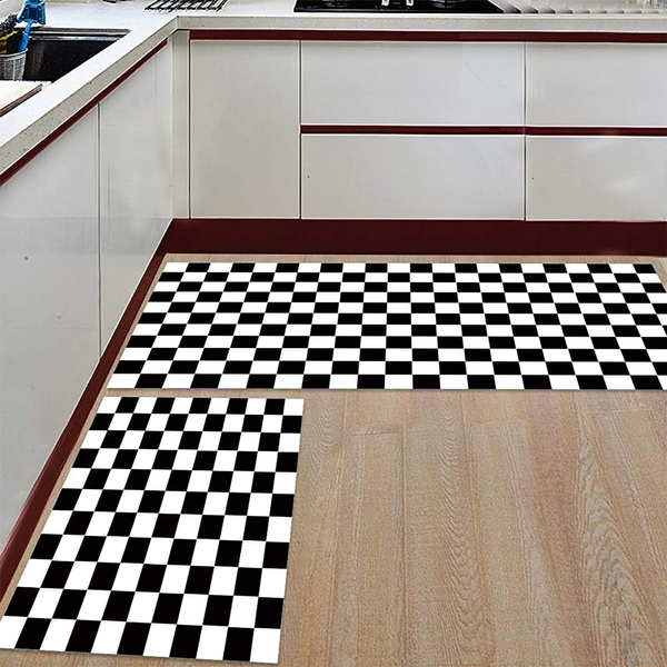 WYFCQPYJ 2 Piece Kitchen Mat Set Doormat Black White Checkered Pattern Runner Rug Set Hallway Living Room Balcony Bathroom Carpet Sets 16 x 24 Inch + ...