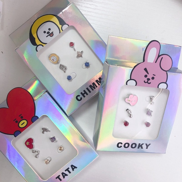 6 Pcs/set BT21 Cute Cartoon Earrings Stud Fashion Kpop Men Women Earring  Set | Wish