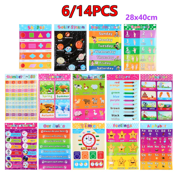 Early Learning poster Numbers Alphabet set of 6 Charts Phonics Letters