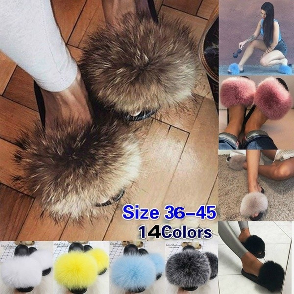 Women's Slippers Summer Sandals Real Fox Fur Slides Fluffy Flip