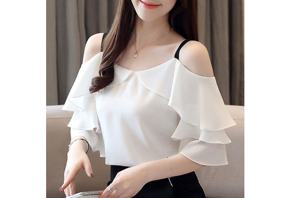 ZANZEA Korean Style Women Flare Short Sleeve Ruffles Shirt Plain