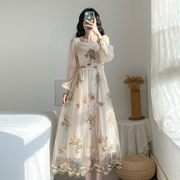 Floral embroidered outlet mesh gown