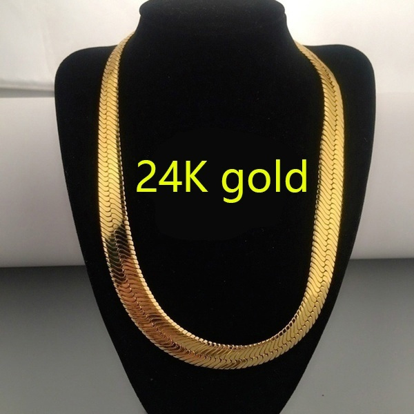 24K GOLD Necklace 10mm Big Flat Snake 