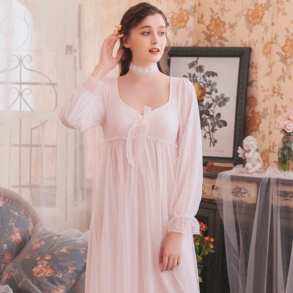 Romantic Nightgown Woman Autumn Lace Long Dress Sleepwear Woman Long ...