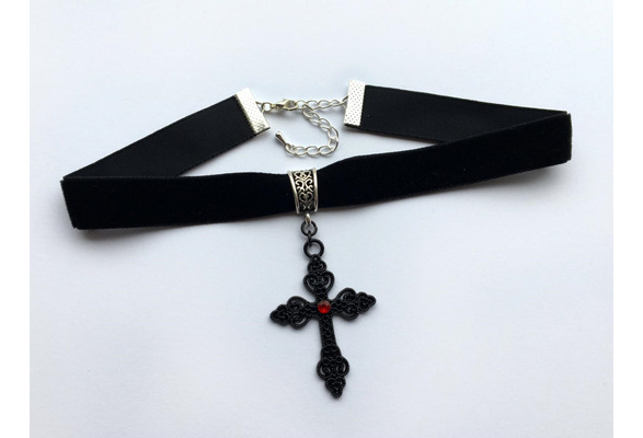 Black Velvet Choker With Gothic Cross Goth Choker Gothic Choker Wish - goth cross choker necklace roblox