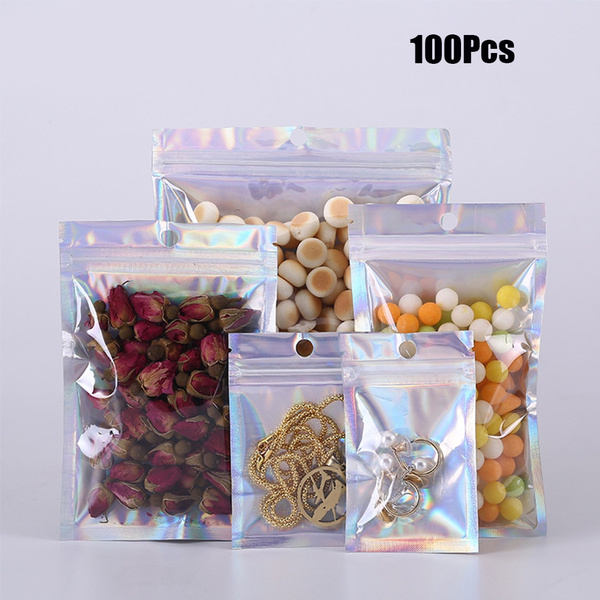 100pcs Candy Aluminum Foil Jewelry One Side Cosmetic Transparent Ziplock  Bags Laser Bags Storage Bags