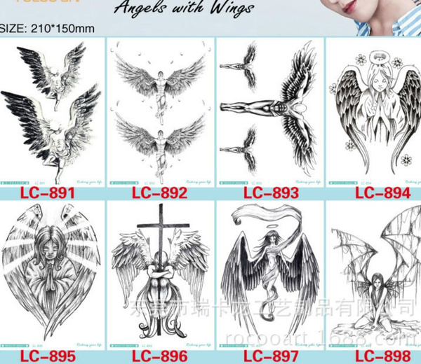 8pcs Black Angel Wings Temporary Tattoos for Women Girls Body Art ARm Fake Waterproof Tattoo Paper God Death Skull Totem Tatoos Large
