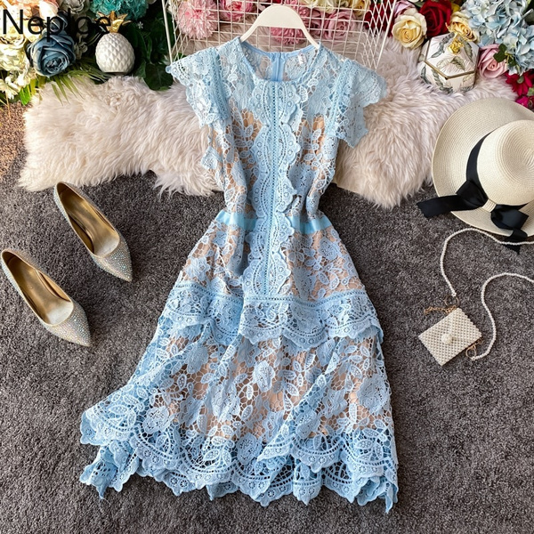 POOSR Embroidery Lace Dresses Women Casual Knee Length Sleeve Party Dress  Elegant Dresses for Women Evening Party (Color : Pink, Size : XL) : Buy  Online at Best Price in KSA -