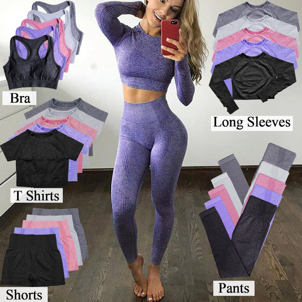 Womens Seamless Yoga Set Crop Top And Short Sleeve Purple Sports