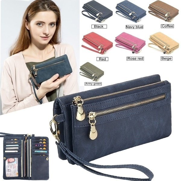 Veki Women's Wallet Double Zipper Pocket Wallets with Wrist Strap, Leather  Credit Card Purse for Women Men (Brown)