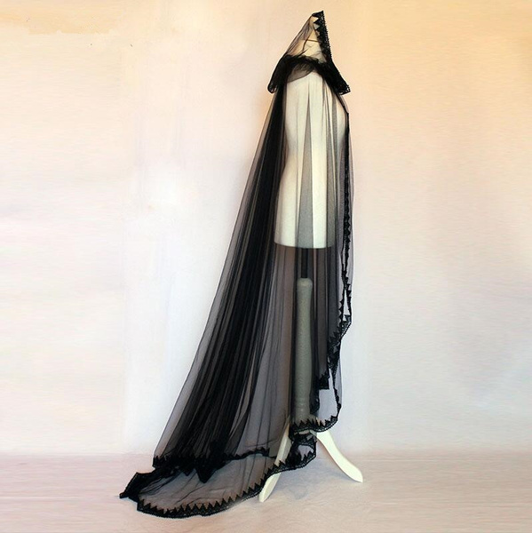 Black Lace Edge Wedding Cape Tulle Hooded Bridal Cloak ivory/white shawls  Bolero Shurgs