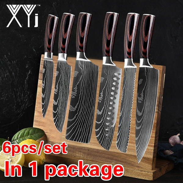 6 Piece Stainless Steel Kitchen Knife Set Japanese Damascus Pattern Chef  Knives