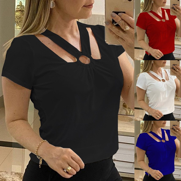 4 Colors New Women's Fashion Summer Short Sleeve Sexy V-neck Shirts ...