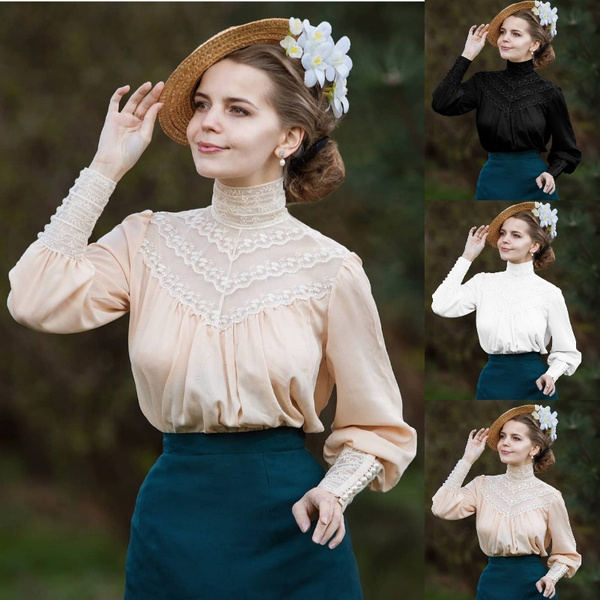 Women's Fashion Victorian Lace Blouse Long Sleeves Vintage Shirt