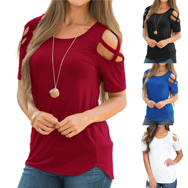 Sweatwater Women Cold Shoulder Casual Knit Tops Blouse T-Shirt