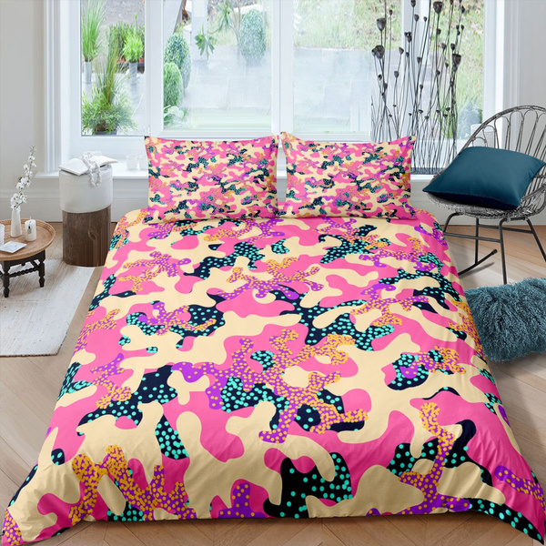 Print Brushed Comforter Cover, Pink Camouflage Bedding Sets Queen