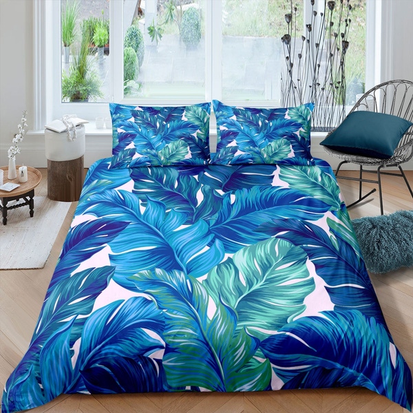 Banana Leaf Bedding Set For Kids Teens, Teal Blue Duvet Cover Queen