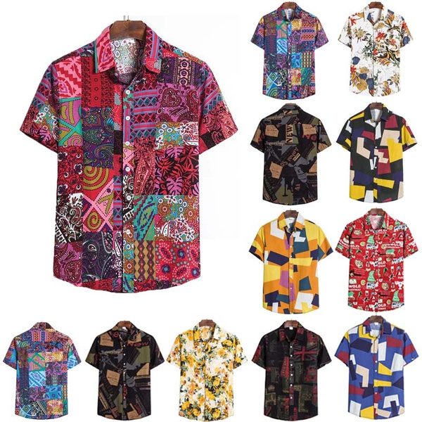 SDCSQ Mens Shirts Printed Hawaiian Patchwork Loose Short Sleeve Casual Holiday Button Top 