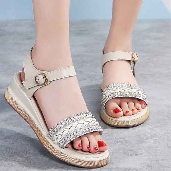2020 Women Sandals Beige Flat Wedge 