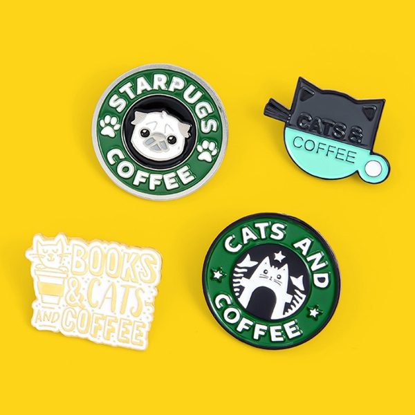 Cats Coffee Enamel Pin Cute Pug Puppy Cat Cafe Brooches Badges Cartoon Animal Jewelry Gift Wish