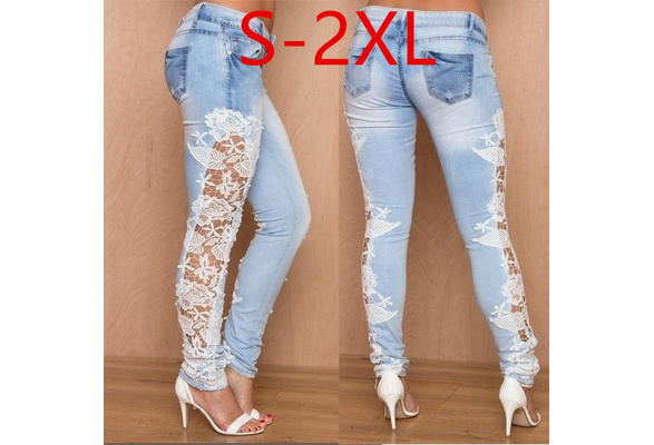 Women's Denim Light Blue Skinny Jeans Crochet Lace Side Bow Jeans Size 6-14 HOT