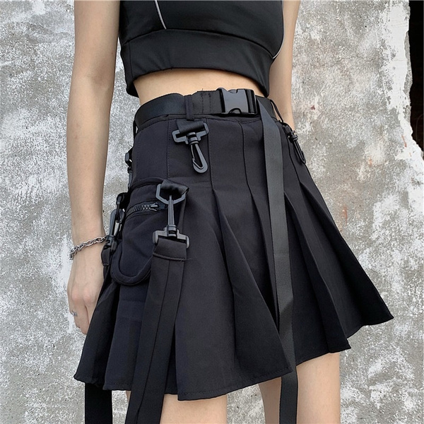 Elegant High Belt Zipper Pocket Ribbon Pleated Mini Skirt Harajuku Street  Clothing Korean Women Gothic Hip Hop Cargo Punk Sexy