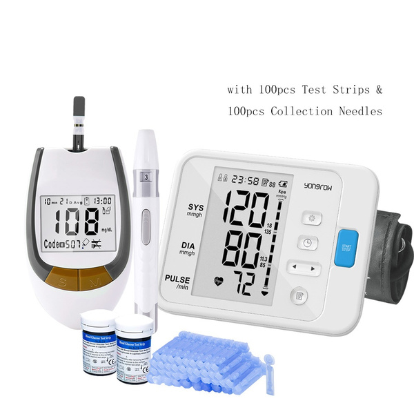 NEW SET Portable Digital Upper Arm BP Monitor LCD Sphygmomanometer & Glucose  Meter with 100pcs Test Strips and Lancets Glucometer Kit Diabetic Sugar  Tester