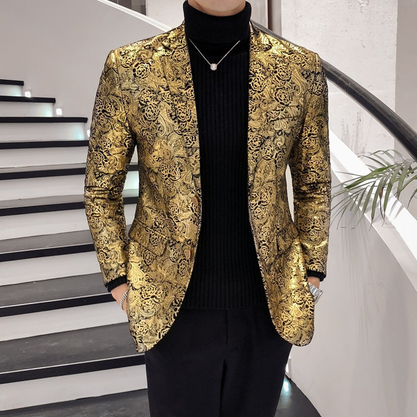Men's Luxury Gold Suit Jacket Casual Wedding Dress Fashionable Lapel ...