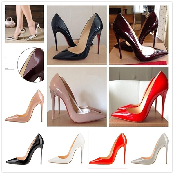 Women All-match Wedding High Heel Shoes Pointed Toe Solid Color Women  Leather Pumps Red Bottom Women Super High Heels