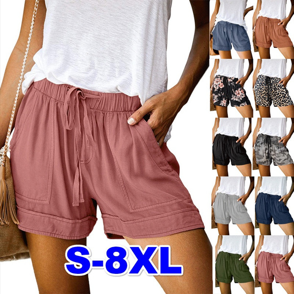 Shorts for Women Casual Summer Women Casual Pure Color Elastic Waist Pocket Shorts Beach Lightweight Short 