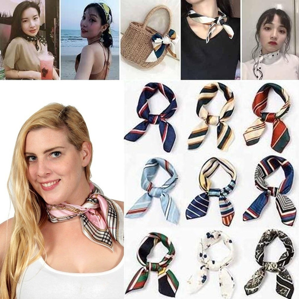 Color Small Vintage Head Neck Hair Tie Band Women Square Scarf Silk Feel Satin 