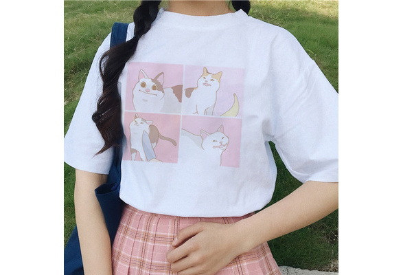 Harajuku camiseta de mujer gato dibujos animados estampado verano Camisetas Casual manga corta HON 