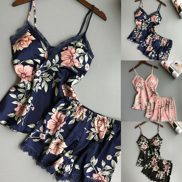 2PCS Women Silk Satin Lace Robe Shorts Sleepwear Babydoll Nightdress Pajamas Set 2PCS Women Silk Satin Lace Robe Shorts Sleepwear Babydoll Nightdress Pajamas Set