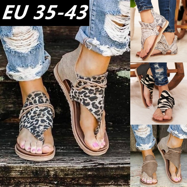 Womens Sandals Women's Summer Sandals Beach Leopard Print Zip Up Flip Flops Ladies Flats Shoes 
