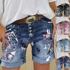 Summer Women's Fashion Funky Cool Casual with Holes Rolled Up Tie Dye Print Jean Shorts Denim Shorts