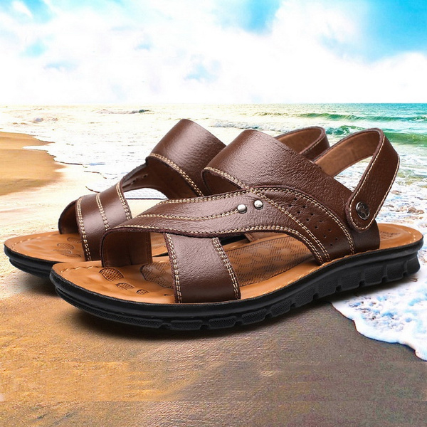 Goodtimeshow Man Sandals 2019 Summer Natural Leather New Beach Men Casual Shoes Skid Resistant Male Two Ways to Wear Sandales Homme 
