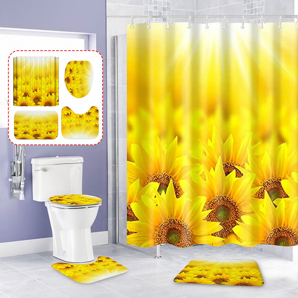 Sunflower Bathroom Curtain Curtain+Bath Mat Set Non-Slip Carpet Toilet Lid Cover 