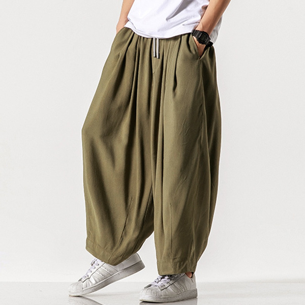 Buy Men Yoga Loose Drop Crotch Pants Male Casual Harem Pants Elastic Cotton  Linen Bloomers Trousers Black at Amazon.in