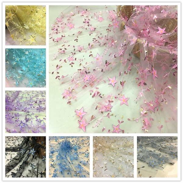 Colorful Stars Tulle Fabric, Sequin Mesh Lace Fabric, Pink Tulle